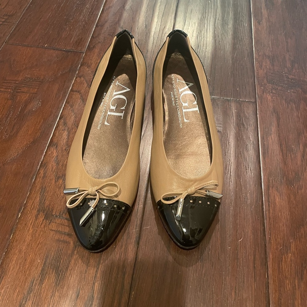 Agl Leather Saddle Cap Toe Ballet Flats Black/Tan Sz 36.5